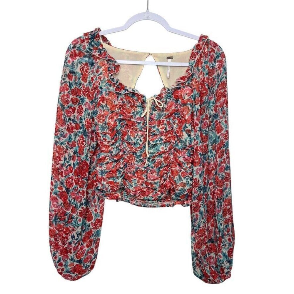 Free People Mabel Printed Rose Top Women XS‎ Red Floral Ruched Fairy Boho